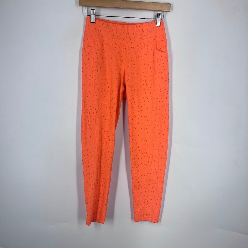 Oiselle Womens Neon Orange Bird Print High Waisted Pocket Leggings Size 4